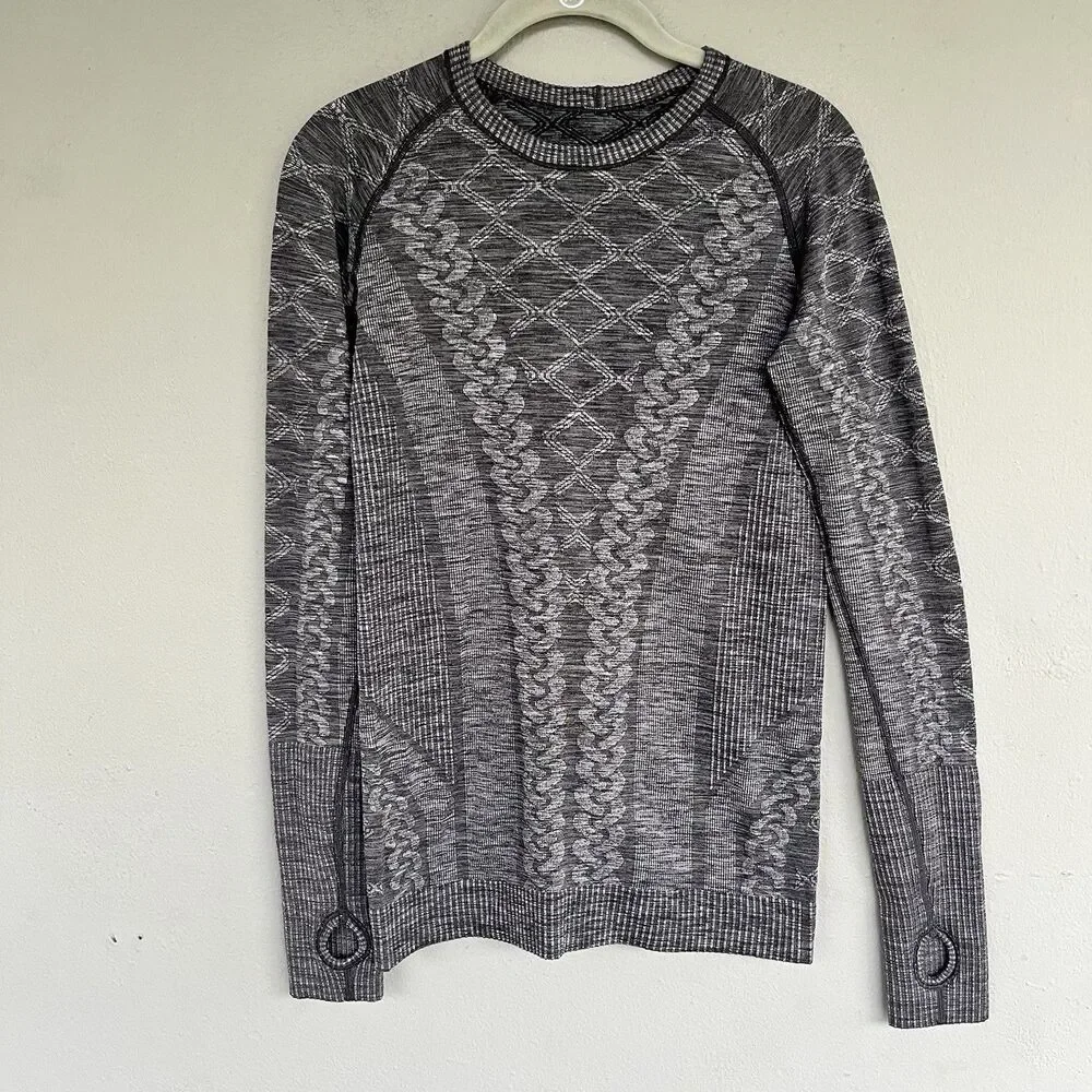 Lululemon Rest Less Pullover Size 2 Heather Black Ribbed Mid Layer Thumhole Grey